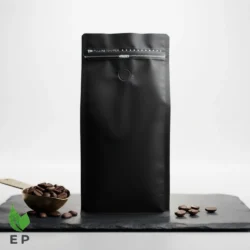 Black coffee pouch with valve and resealable zipper in multiple sizes
