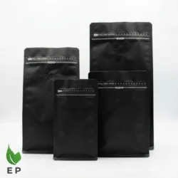 Black coffee pouch with valve and resealable zipper in multiple sizes