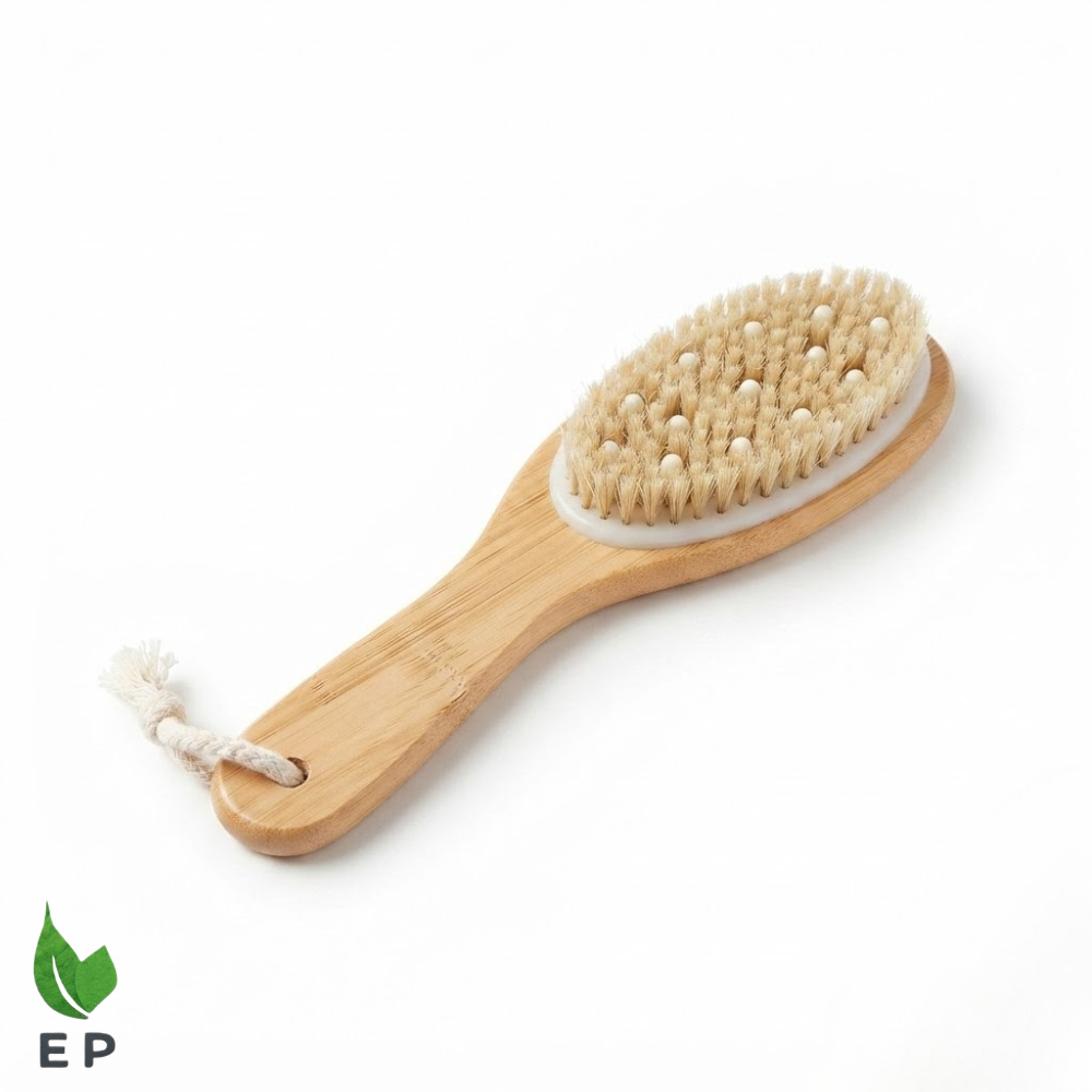 Dry Body Bamboo Bath Brush with Soft Natural Bristles and Massage Nodules