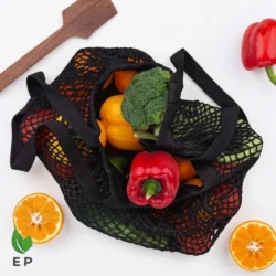 Organic Cotton Mesh Bag – Black Reusable Cotton Net Shopping Bag for Fruits & Vegetables