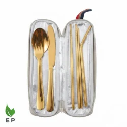 Stainless Steel Cutlery Set – Gold Reusable Spoon Knife Fork Chopsticks Straws Eco-Friendly