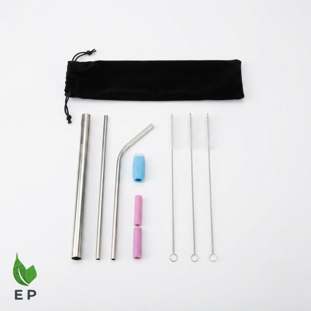 Stainless Steel Reusable Drinking Straws Set with Cleaning Brush and Silicone Tips ā Eco Packaging