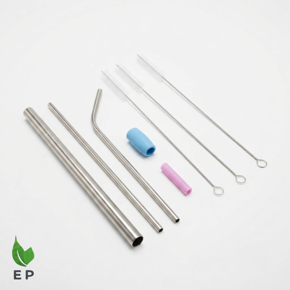 Stainless Steel Reusable Drinking Straws Set with Cleaning Brush and Silicone Tips ā Eco Packaging