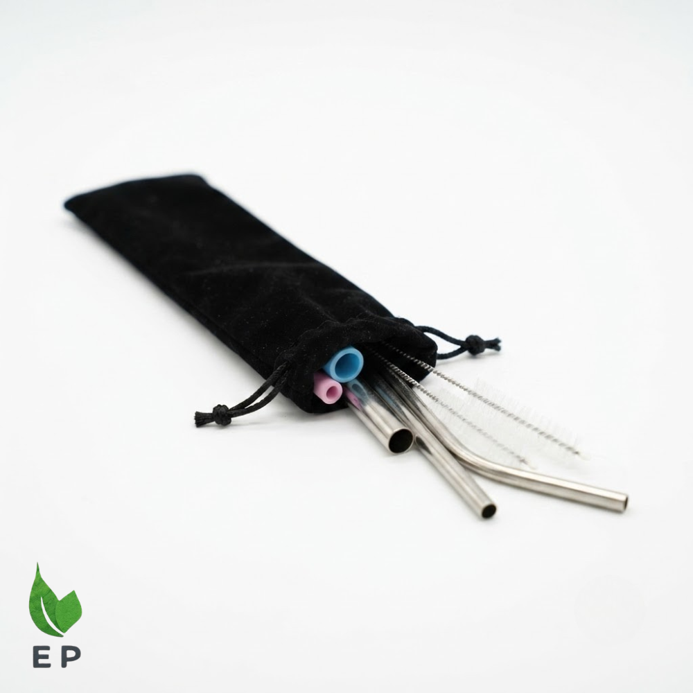 Stainless Steel Reusable Drinking Straws Set with Cleaning Brush and Silicone Tips ā Eco Packaging