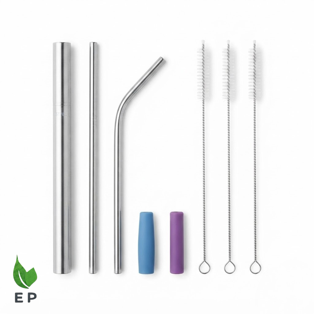Stainless Steel Reusable Drinking Straws Set with Cleaning Brush and Silicone Tips ā Eco Packaging